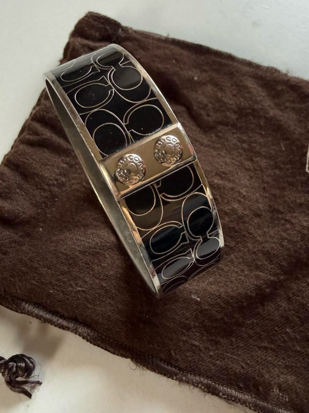Coach Black and Silver Signature Hinged Bracelet